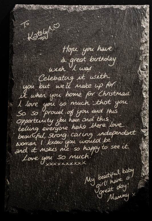 Slate keepsake engraved with real handwriting, by Foyle Engraving Co
