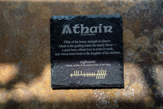 Ogham script engraved slate coaster for Dad by Foyle Engraving Co