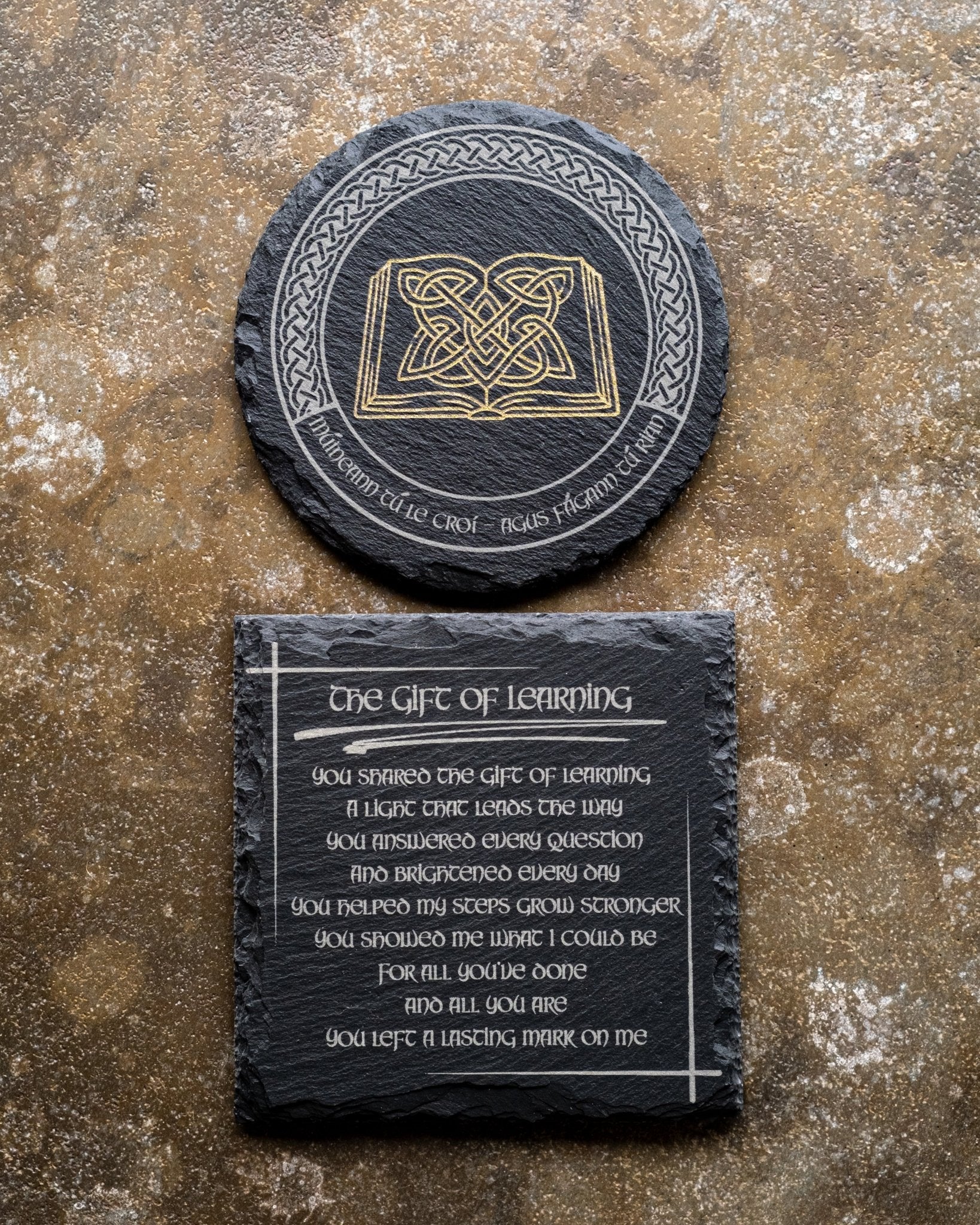 Múineann Tú le Croí — Agus Fágann Tú Rian – Teacher Appreciation Coaster Set - Foyle Engraving Co