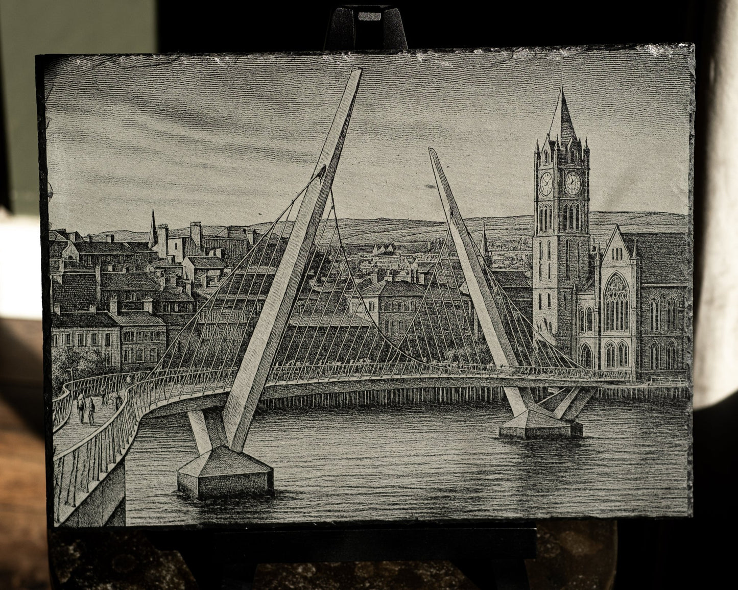 “Peace Bridge & Guildhall, Derry” – Slate Engraving - Foyle Engraving Co