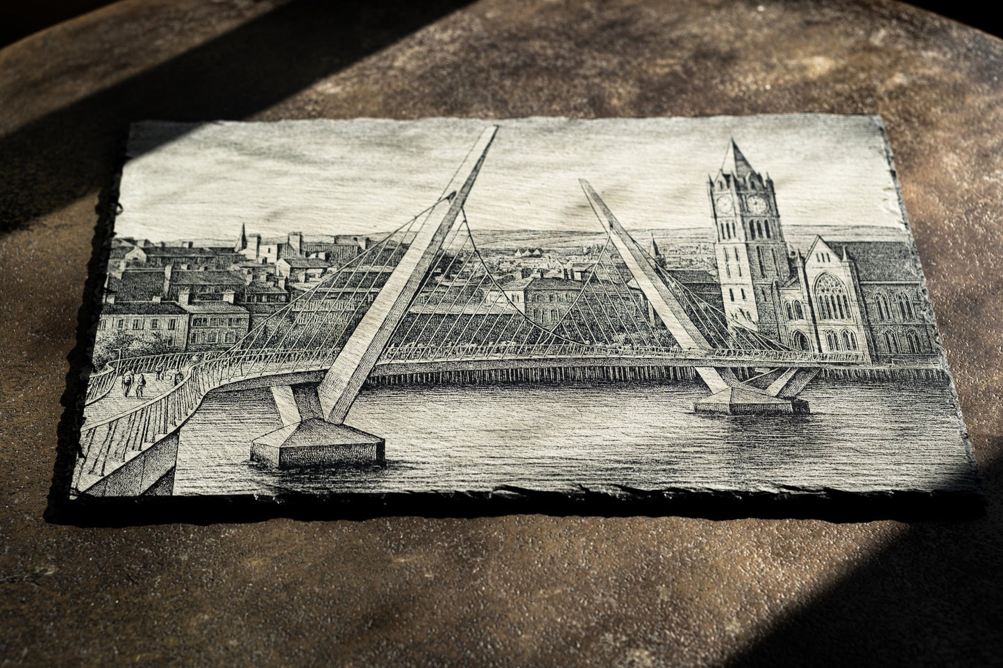 “Peace Bridge & Guildhall, Derry” – Slate Engraving - Foyle Engraving Co